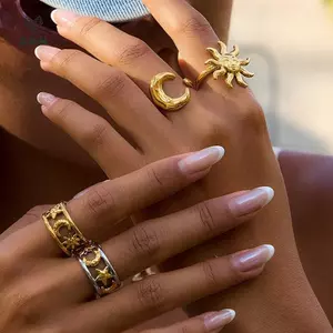 Thiết kế nhẫn mở hình ngôi sao mạ vàng 18K cổ điển tối giản Thiết kế nhẫn bằng thép không gỉ chống thấm nước [Mina]