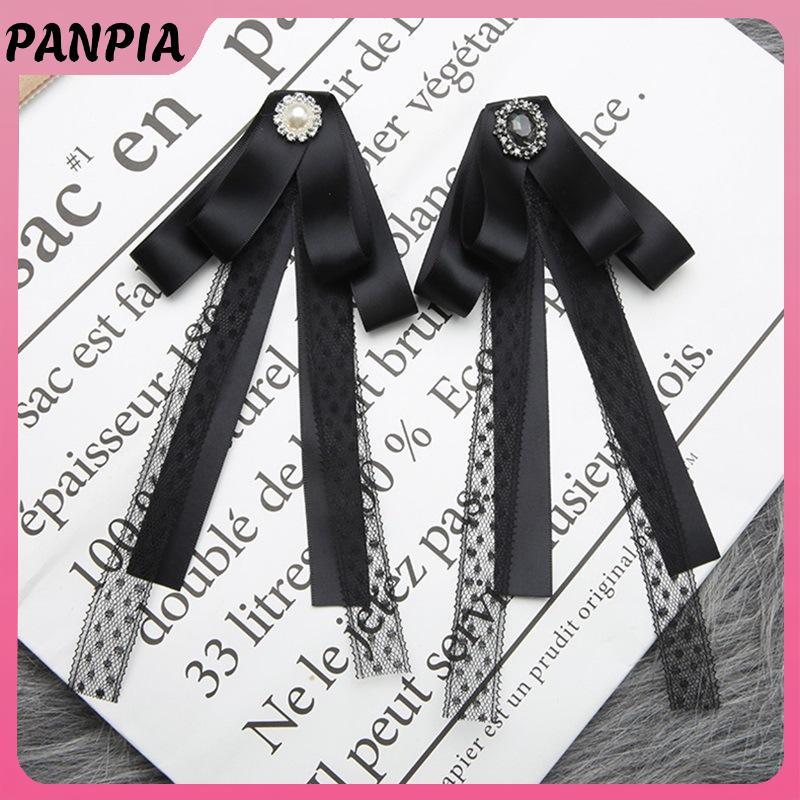 PNPIA- Vải Đen Nơ Thổ Cẩm Dành Cho Nữ Phong Cách Đại Học Cổ Hoa Ve Áo Chân Pha Lê Cà Vạt Trang Sức Thời Trang Quà Tặng