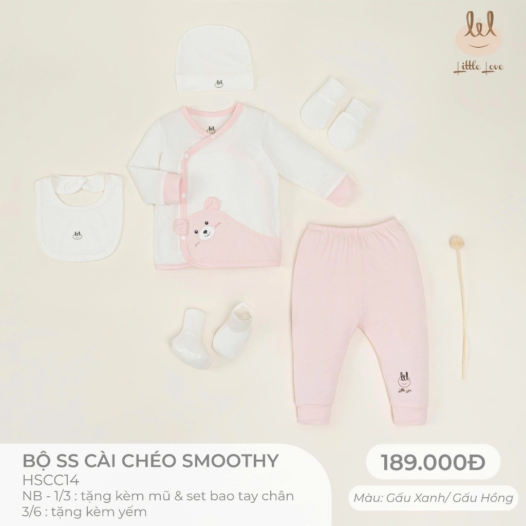 Bộ Sơ Sinh cài lệch dài tay mỏng chất liệu smoothy  cho bé từ 0-6 tháng (HSCC14) tặng kèm mũ, sét bao tay chân Hoặc Yếm