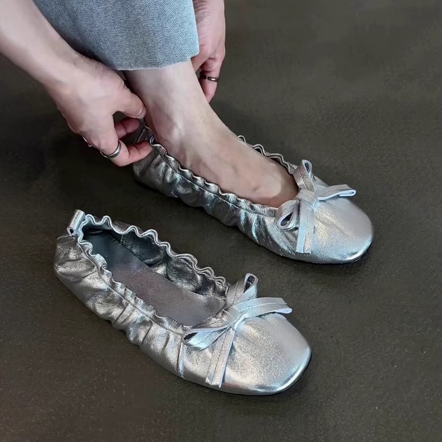 3 Màu Size Lớn 35-40 Phiên Bản Da Cừu ~ Retro Xếp Ly Nơ Giày Ba Lê Slip-On Giày Đế Bằng Nữ Đi Lại Sang Trọng Nông Miệng Giày B0B8