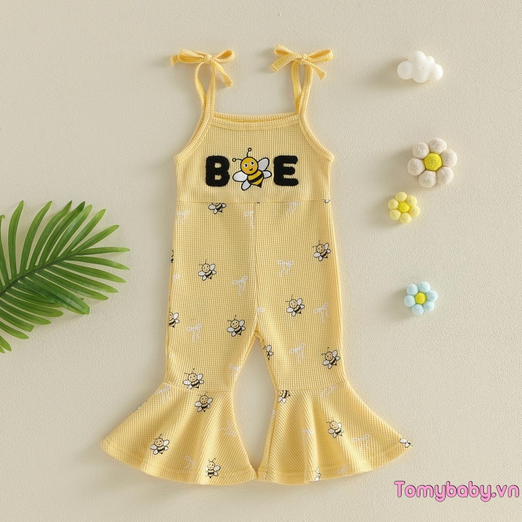 Bộ áo liền quần bé gái tập đi Chữ cái dễ thương Thêu ong không tay đáy chuông tổng thể