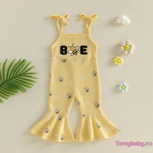 Bộ áo liền quần bé gái tập đi Chữ cái dễ thương Thêu ong không tay đáy chuông tổng thể