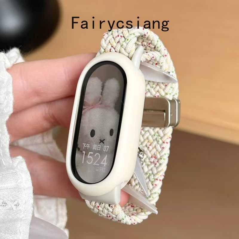 Dây đeo bện từ tính hình thỏ nhỏ dễ thương cho Xiaomi Mi Band 10 9 8 Nfc Phụ kiện dây đai vòng tay Nylon thoáng khí