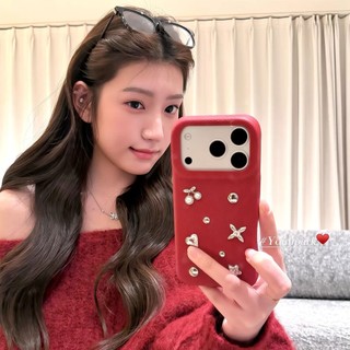 Hàn Quốc 3D Kim Cương Anh Đào Hoa Đỏ Da PU Ốp Lưng Điện Thoại iPhone 17Promax 17Pro 14 15 16 Pro Max 13 Chống Sốc Ngọt Ngào Nữ Tính Nữ Vỏ Di Động