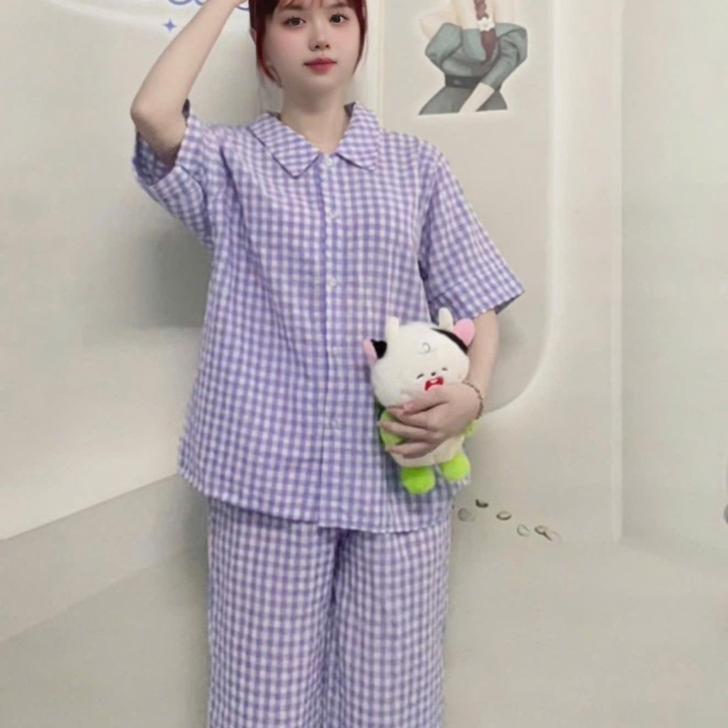Set Pijama Nữ Caro Cotton Mềm Mát (Tặng Charm Freesize) 45-90kg PJ010 | EmxinhBigsize