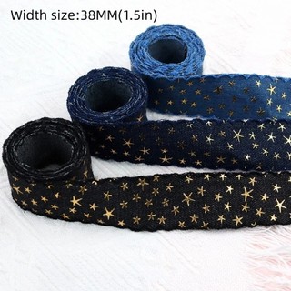 EBINLANDS 1 yard 38MM Ruy băng vải denim, Ruy băng ngôi sao vàng rộng 38MM, DIY Ngôi sao vàng đóng dấu họa tiết ruy băng đóng dấu Quần áo may