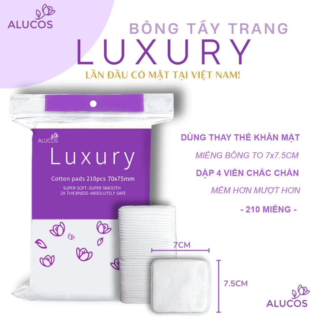 Bông Tẩy Trang Alucos Luxury 210 Miếng Cotton Ép Viền Dịu Nhẹ Cho Da An Lành