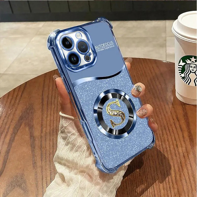 Ốp Lưng Cho iPhone 12Promax, Phim Hoạt Hình Full Cover, Chống Rơi, Hộp Chữ Lấp Lánh Xanh, Mạ Điện, Vỏ Điện Thoại Silicon Bảo Vệ Camera