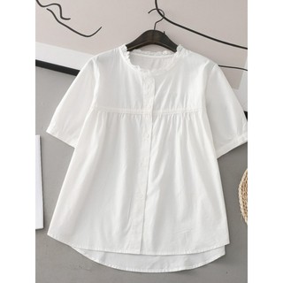 <![CDATA[Áo sơ mi nữ sợi cotton cao cấp, phong cách đại học, cổ tròn tay ngắn]]>