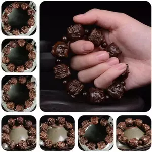 WHX [Phong Cách Mới] Vòng Tay Khắc Trầm Hương Da Gỗ Đen Nam Nữ Hạt Phật Lá Nhỏ Gỗ Đàn Hương Đỏ Vòng Tay Quả óc chó