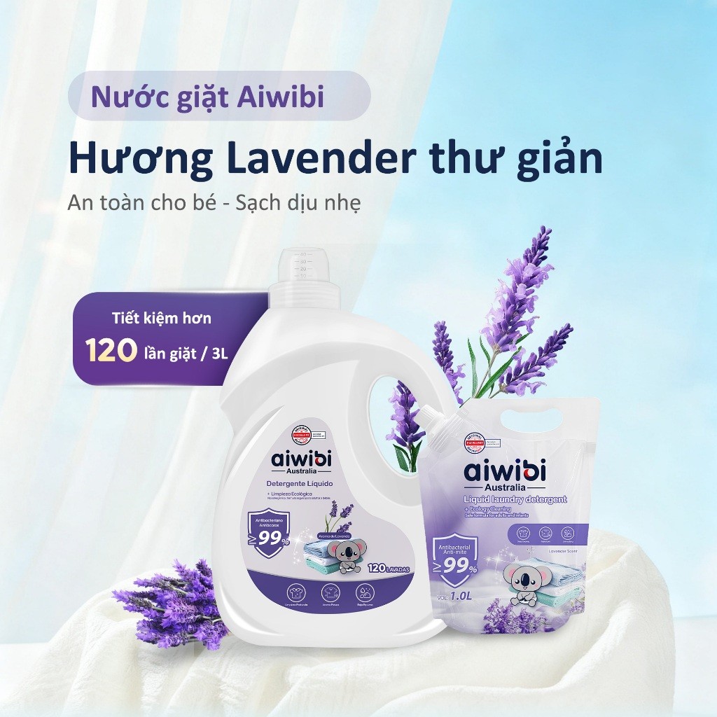 Nước Giặt Aiwibi Cho Bé Bảo Vệ Quần Áo Mềm Mại, Dịu Nhẹ - Hương Lavender