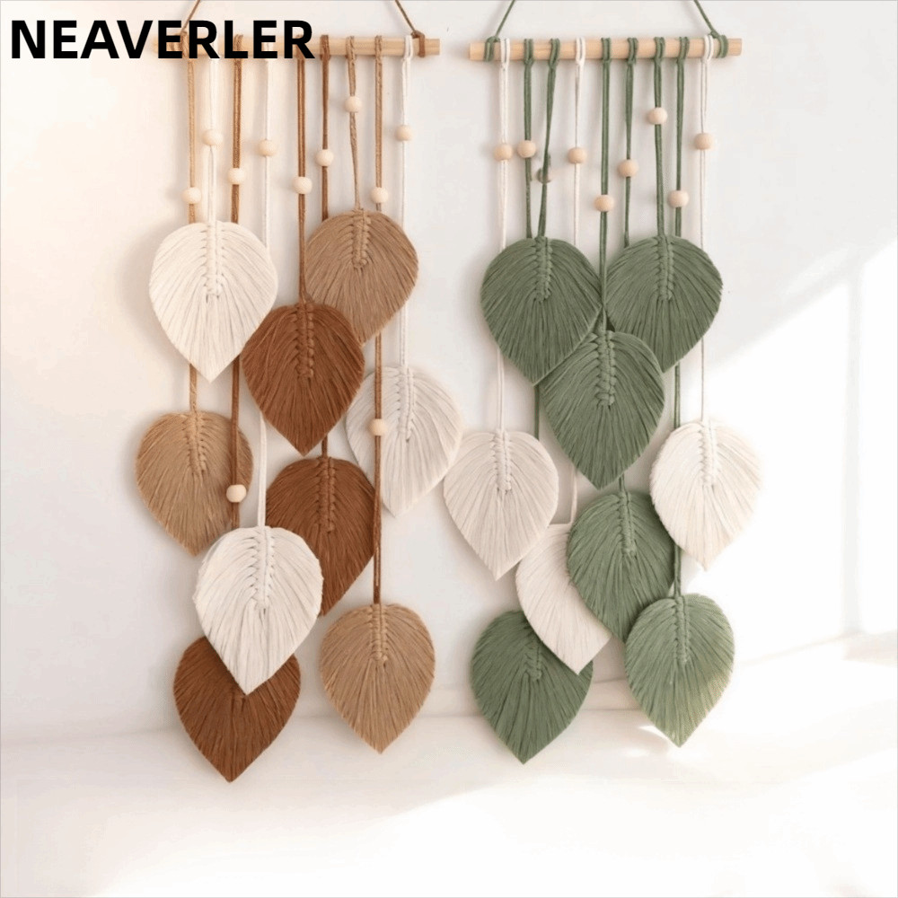 NEAVERLER Lá Macrame Treo Tường, Thảm Treo Tường Dệt Dây Cotton Phong Cách Boho, Màu Xanh Thẩm Mỹ 60x25cm Trang Trí Tường Bohemian Trang Trí Đám Cưới Nhà