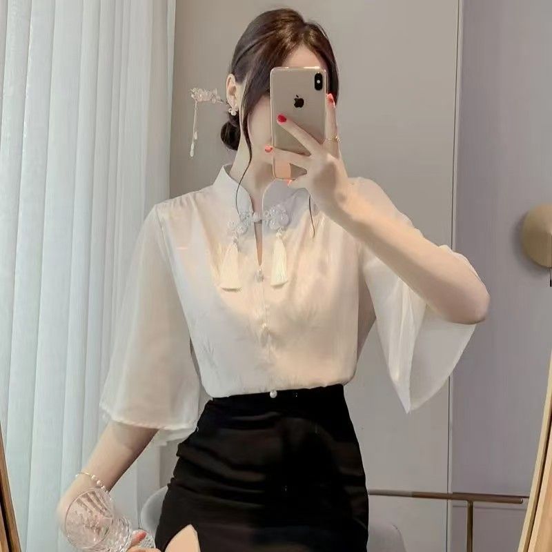 Áo sơ mi tay ngắn nữ phong cách Trung Hoa, chất liệu acetate jacquard, phù hợp mùa hè
