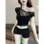 Áo Thun Ngắn Tay Ren Khâu, Cổ Xoay Bất Đối Xứng Phong Cách Mới
