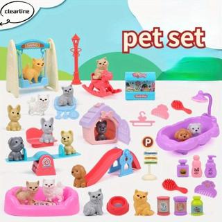 CLEARLINE Bộ đồ chơi giả vờ nuôi chó, thú cưng mini dễ thương, lồng chó kèm búp bê giác quan