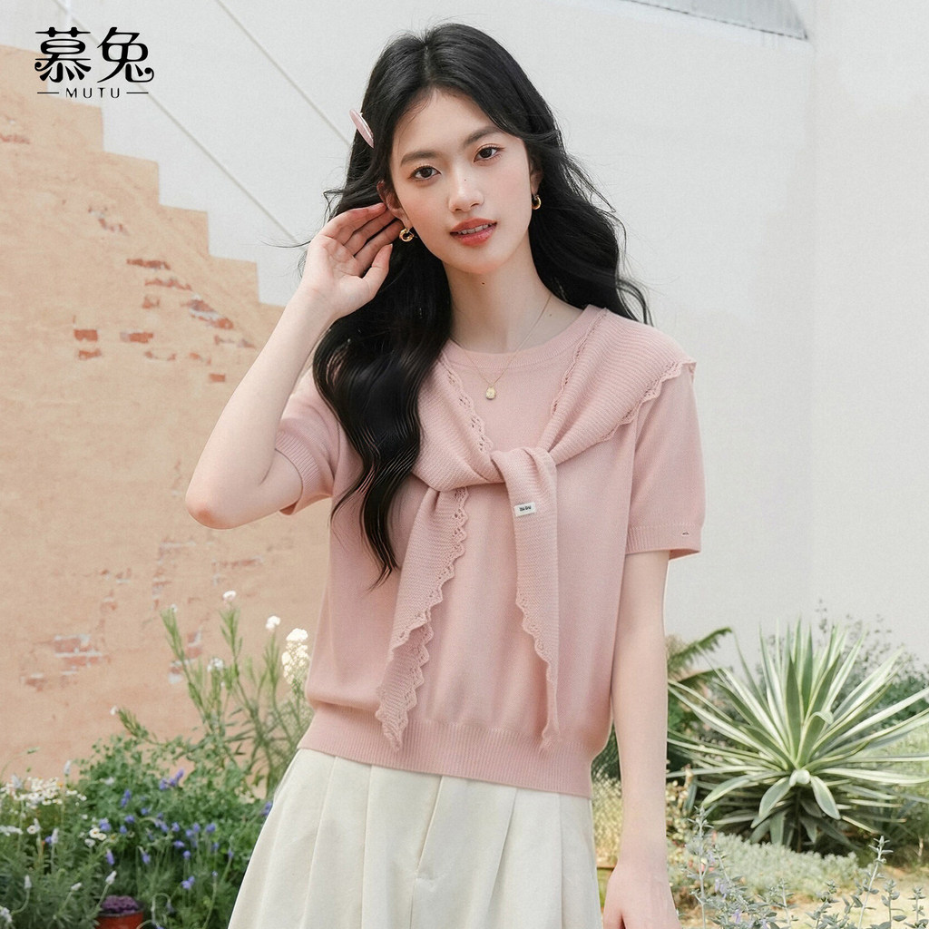 Mutu Ngọt Ngào - Bộ Áo Len Tay Ngắn Và Khăn Choàng Hai Mảnh Màu Hồng, Phong Cách Mới, Phù Hợp Mặc Thường Ngày Mùa Hè
