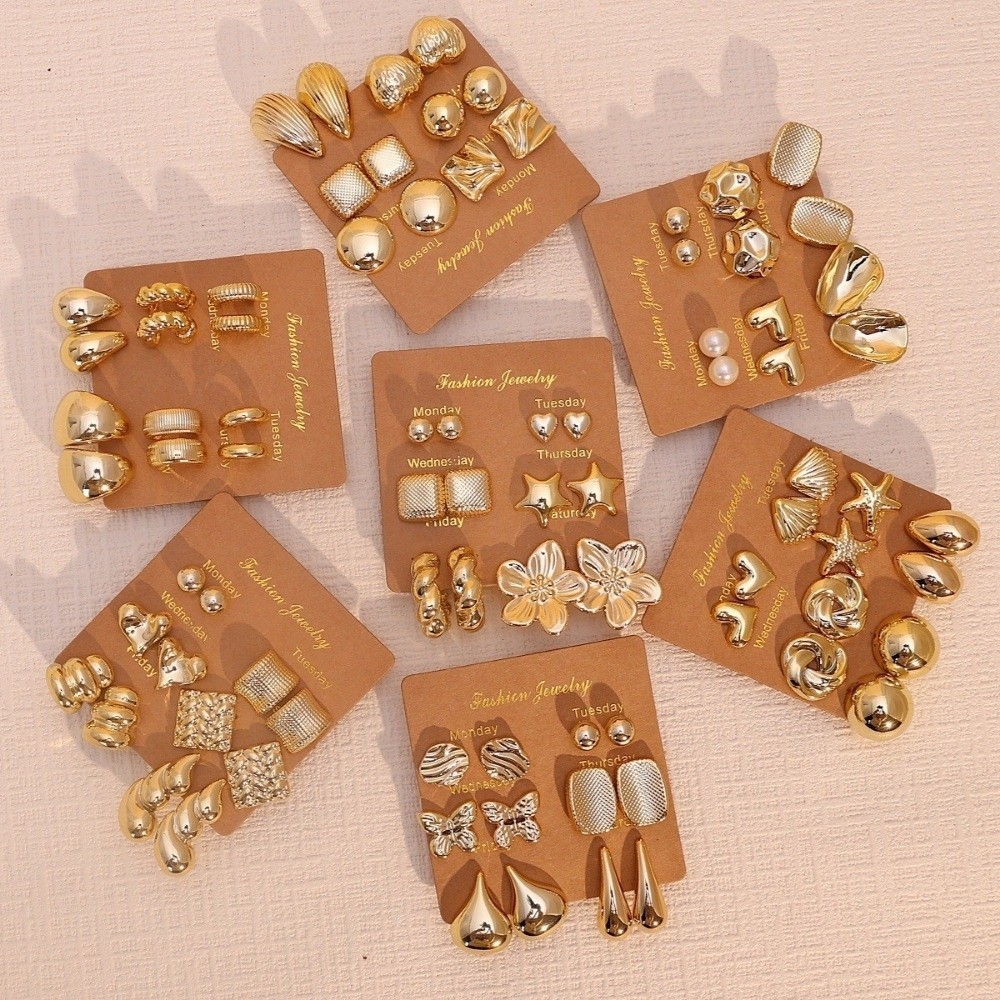 TRACEILLOIAN 6 Cặp Bông tai mặt dây chuyền thả, Vỏ sò Sao biển Bông tai Dangle, Bông tai vàng hình trái tim Bohemian Quà tặng