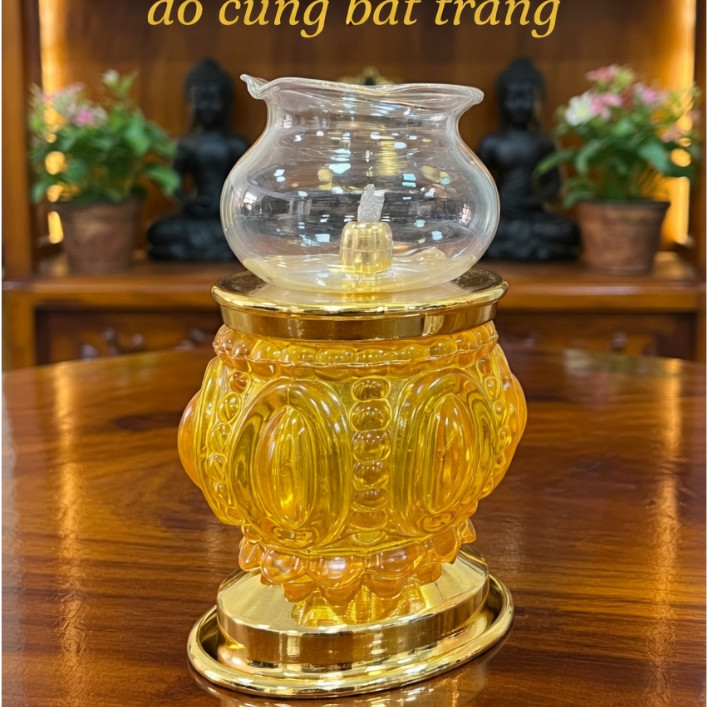 Đèn Dầu Thủy Tinh Họa Tiết Vân/Sen Đa Sắc Đế Vàng Cao Cấp - Đèn Thờ Cúng Phật, Gia Tiên, Thần Tài [ Đèn 054 ]