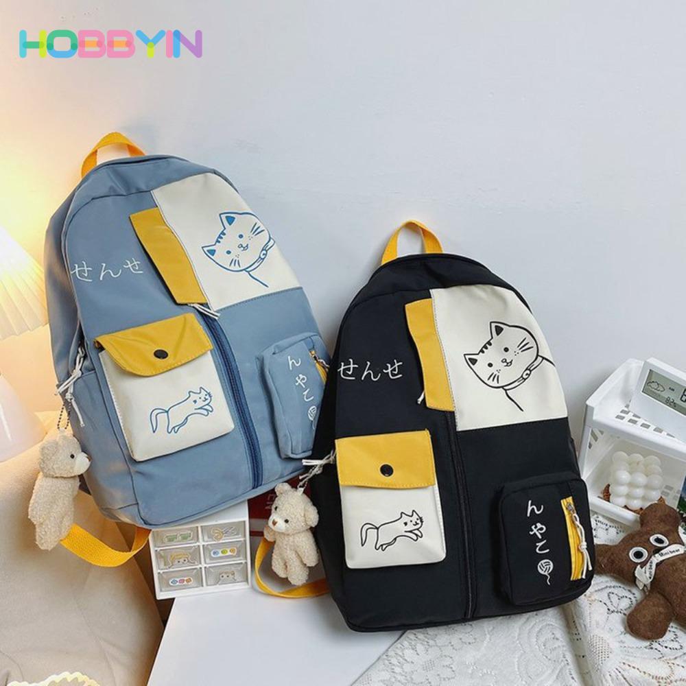 Ba lô học sinh HOBBYIN, Ba lô nữ Nylon dung tích lớn, Ba lô du lịch mèo hoạt hình chống nước dễ thương dành cho học sinh