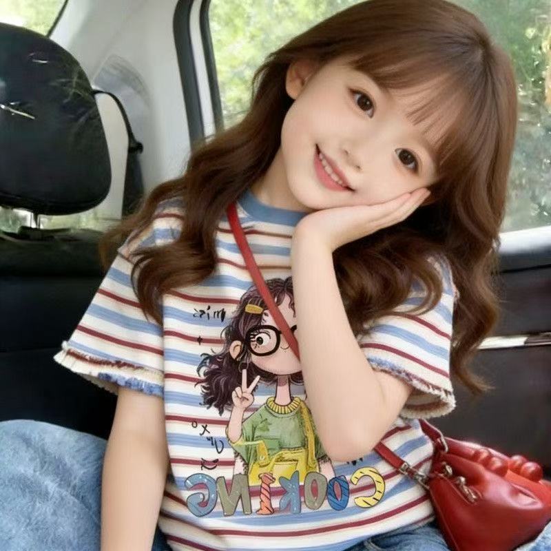 Áo thun sọc hoạt hình bé gái Mùa hè Phong cách mới Phong cách mỏng Áo thời trang 80-160 Size JZK