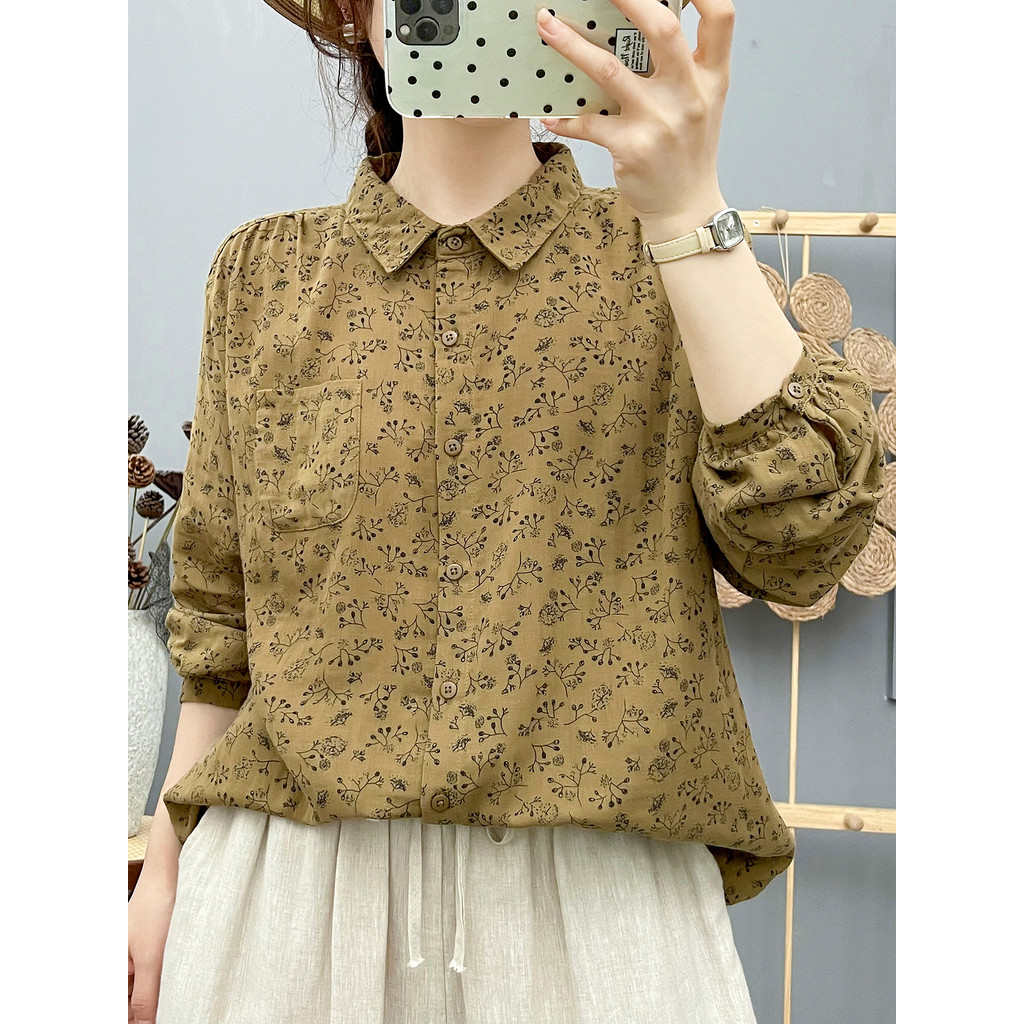 Áo sơ mi nữ cotton, họa tiết văn học cổ điển, thiết kế thoáng khí