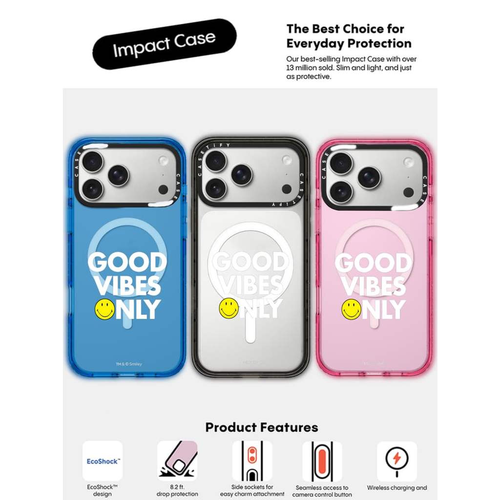 CASECASE X Smiley Good Vibes Only Case Black / Sky Blue / Pink Fizz Candy Collection Color Clear Hard Hard Magnet Impact Case cho Apple IPhone 13 14 15 16 17Pro Max Plus Có Hộp