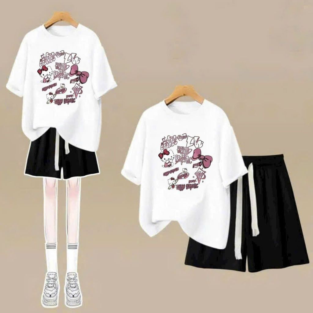 sét bộ quần đùi cộc dây to trơn+mix áo phông form rộng in hình mèo cute-SHOP THỜI TRANG THU BIO