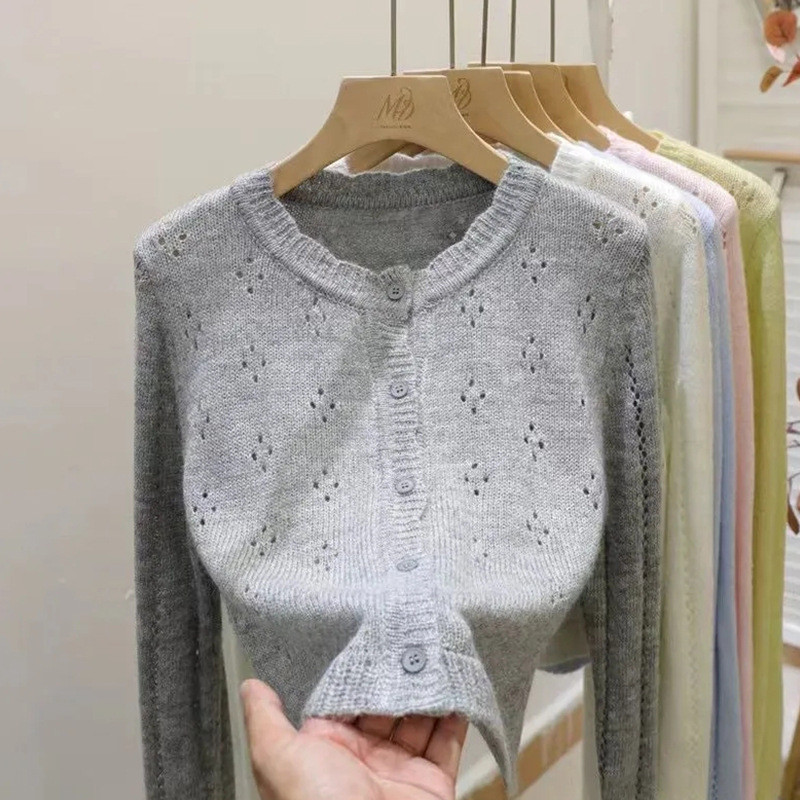 Ren Rỗng Dệt Kim Cardigan Nữ, Thiết Kế Mềm Mại Với Áo Sơ Mi Ngắn Xám