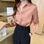 Áo sơ mi nữ satin màu xanh trơn, dáng rộng phù hợp công sở