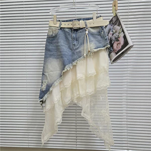 Thiết Kế Niche Váy Denim Không Đều Nữ Thiết Kế Eo Cao Ren Khâu Màu Sắc Tương Phản Váy Giữa Chiều Dài Độc Đáo