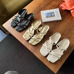 TT Phong Cách Hàn Quốc Bện Đeo Chéo Flip-Flops Nữ Mùa Hè 2026 Mũi Vuông Dày Giày Sandal Dép Có Váy