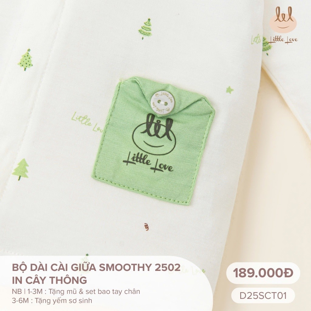 Bộ sơ sinh dài tay mỏng chất liệu smoothy [Mềm, co dãn tốt] Lil little love (D25SCT01)tặng sét mũ bao tay chân tay Hoặc
