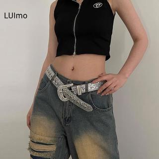 LUImo Y2K Nữ Thời Trang In Hình Chắc Chắn Đính Full Kim Cương Giả Dây Da Pha Lê Có Thể Điều Chỉnh Lấp Lánh Dây Thắt Lưng Cho Câu Lạc Bộ Đảng SBS