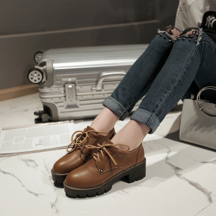VNFF34-43 Kích Thước Lớn Mùa Xuân Phong Cách Mới Mũi Tròn Giày Gót Dày Phong Cách Châu Âu Mỹ Buộc Dây Giữa Động Cơ Thời Trang Đi Làm Giày Đế Dày