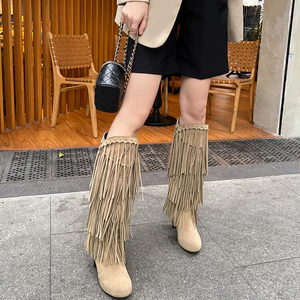 VNAYYYNX34-39 Kích Thước Mũi Tròn Da Lộn Tua Rua Tay Giày Giữa Ống Giày Bốt Thời Trang Sàn Diễn Giả Mẹ Sân Khấu Mô Hình