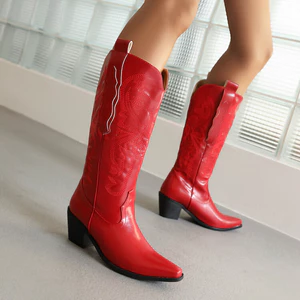 V-38 Kích Thước Thêu Ngón Chân Vuông Thoải Mái Đáy Phẳng Dày Thấp Gót V-Mouth Western Rider Boots Cao Nhưng Đầu Gối Thời Trang Thể Hiện Tay Sàn Catwalk