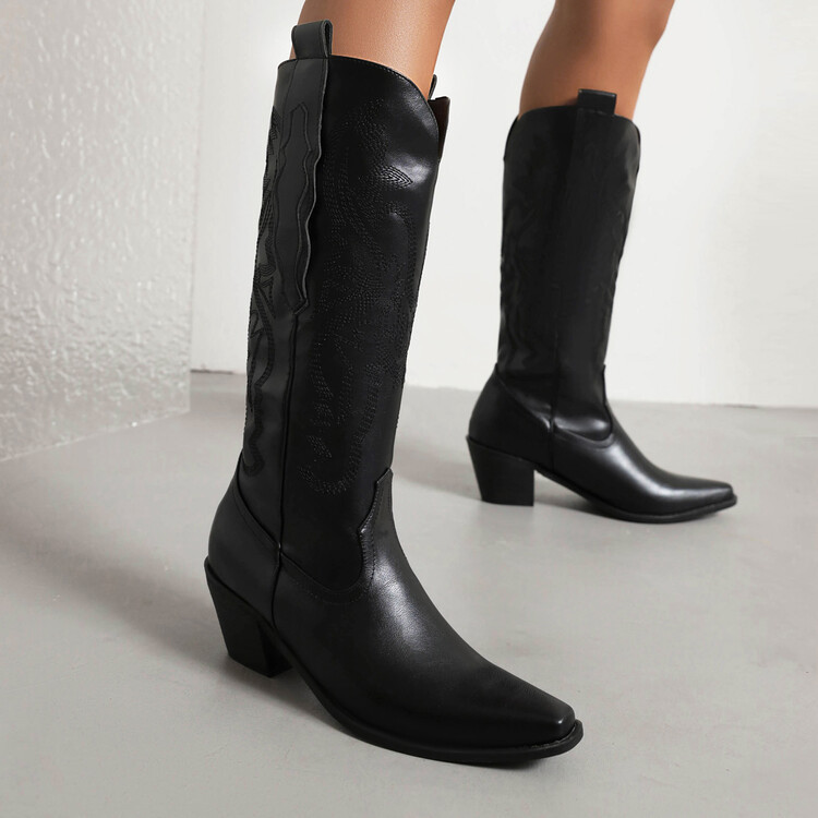 V-38 Kích Thước Thêu Ngón Chân Vuông Thoải Mái Đáy Phẳng Dày Thấp Gót V-Mouth Western Rider Boots Cao Nhưng Đầu Gối Thời Trang Thể Hiện Tay Sàn Catwalk