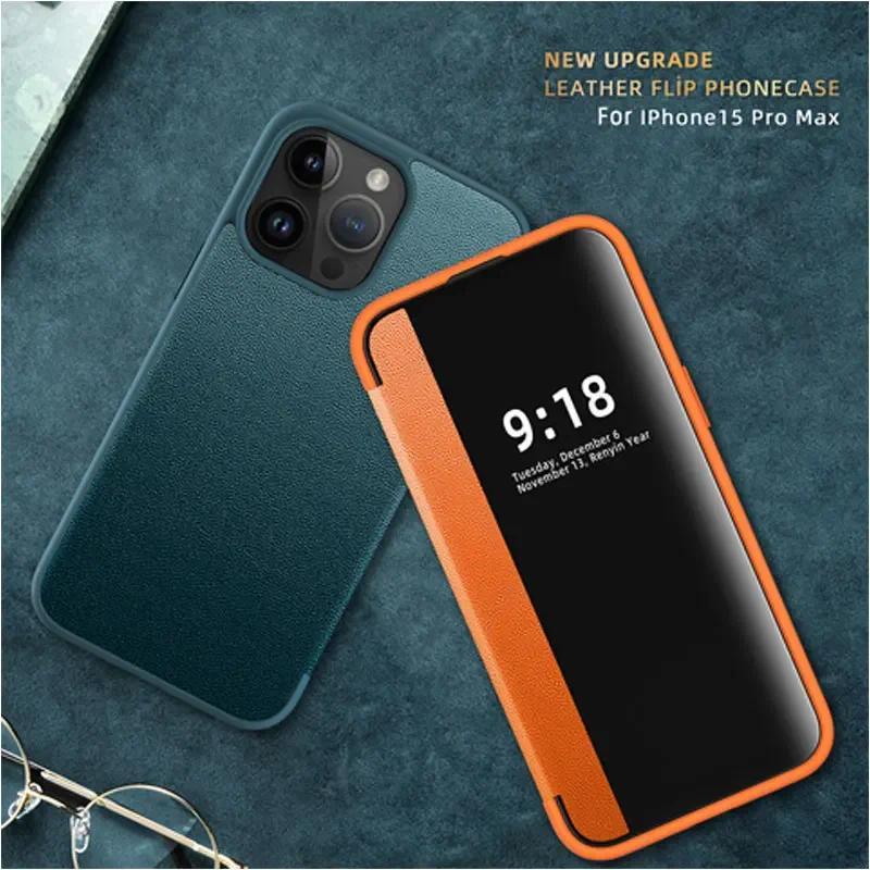 View Window Plain Flip Leather Phone Case cho Iphone 17 16 Pro Max 14 15 16 Plus 13 12 11 Pro Vỏ bảo vệ toàn diện KickStand Cover