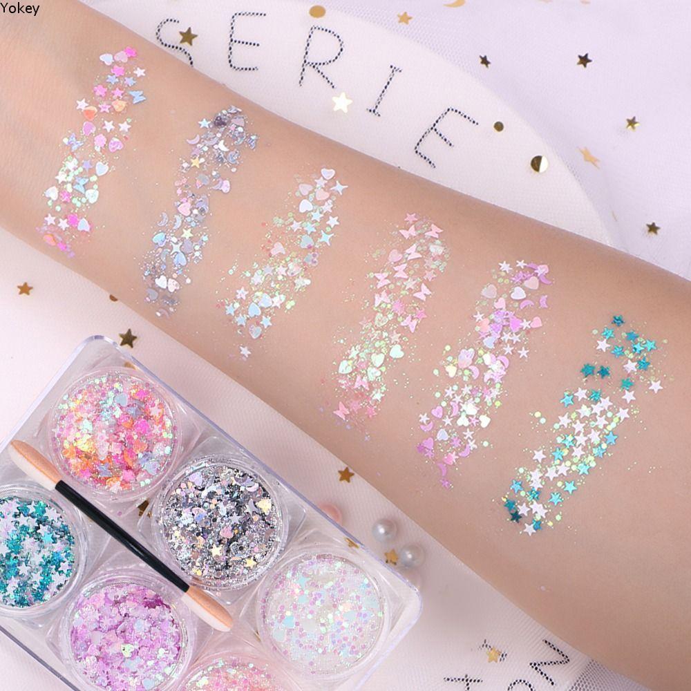 YOKEY 6 Cái / bộ Phấn Mắt Lấp Lánh Gel, Mặt Tóc Giai Đoạn Body Nail Glitter Gel, Dễ Thương Nhiều Màu Sắc Không Cần Keo Trang Điểm Lễ Hội
