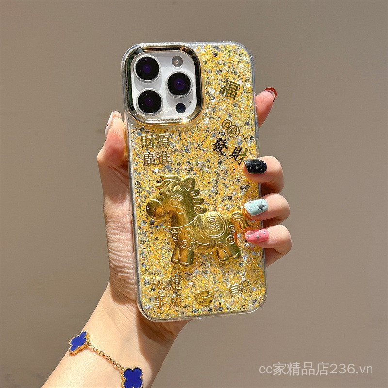 Ngay Lập Tức Giàu Thích Hợp Cho iphone16 Vỏ Điện Thoại 17proMAX Vàng Lấp Lánh Kim Sa Lấp Lánh 15 Mạ Khung 14