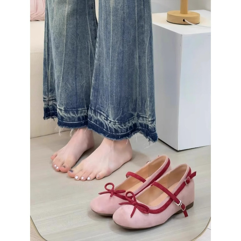 【✨Spot】Giày mary jane nữ nơ màu hồng kiểu Pháp dép/Mũi tròn Đế êm Đế nâng cao Giày nữ Hàng ngày