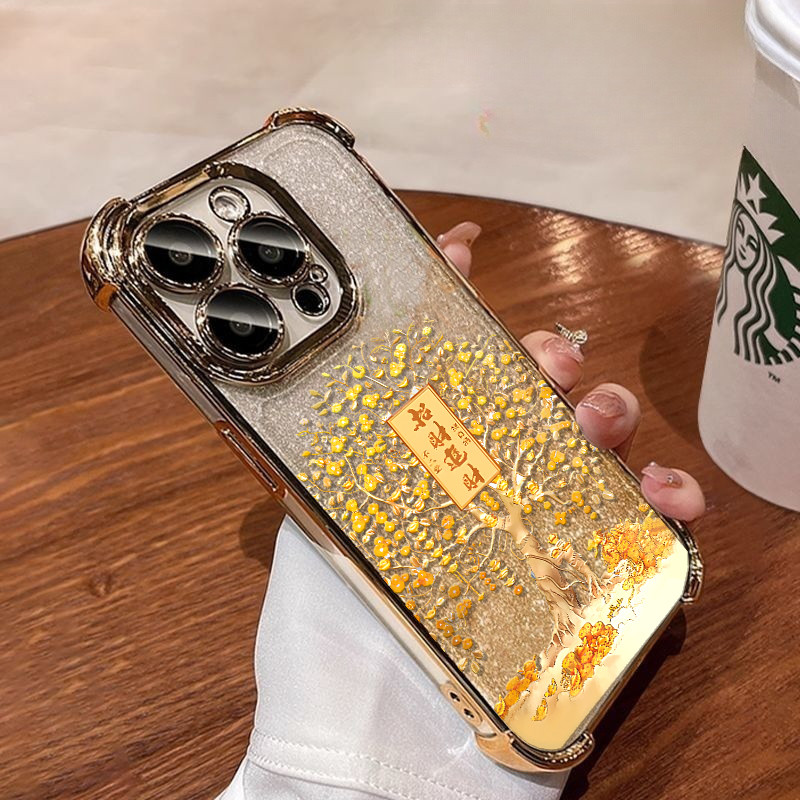 Túi đựng tiền may mắn năm mới Vỏ cây vàng cho IPhone 17 Air 16 13 Pro Max 6 7 8 Plus X XR XS Max 16E Vỏ mạ mềm trong suốt