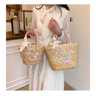 Cao Cấp Tay Thêu Vịt Dệt Túi ins Phong Cách Giải Trí Kỳ Nghỉ Rơm Túi Tote Du Lịch Tất Cả Trận Đấu Bãi Biển