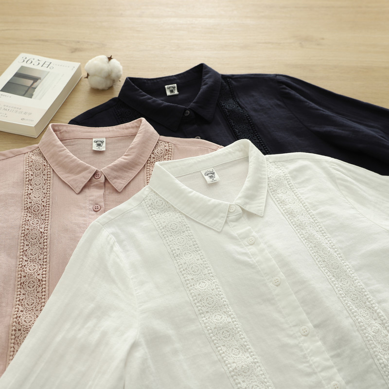 Áo sơ mi nữ cotton cao cấp, thiết kế ren lớn màu trơn