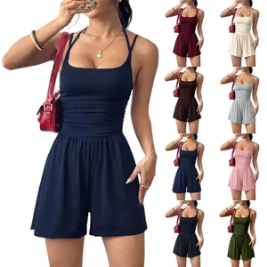 Áo liền quần dành cho nữ Dây đeo Spaghetti có thể điều chỉnh thông thường Áo liền quần ngắn lưng co giãn không tay có túi