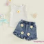 Bộ trang phục 2 món dành cho bé gái Áo cổ tròn không tay đính hoa + Bộ quần short Denim