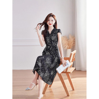 Váy Midi nữ, tay ngắn, kiểu dáng mới mùa hè, dáng dài vừa phải, thanh lịch, tôn dáng, thắt eo, dáng chữ A.