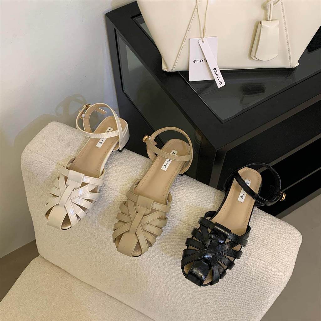 Giày Sandal Dệt TT Gót Dày Rỗng Đế La Mã Giày Nữ Da Thật Thời Trang