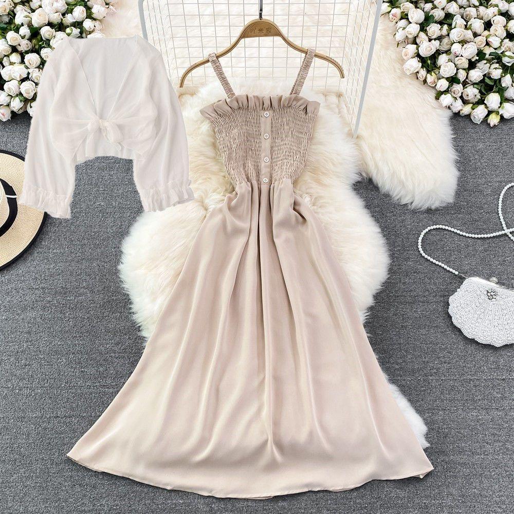 Thời Trang Mùa Hè 2026 Mỡ mm Pháp Niche Retro Cao Cấp Ôm Hơn Nhìn Sling Váy Dài + Khăn choàng voan Chống Nắng Quần Áo Bộ Hai Mảnh