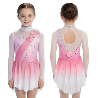 Yhong Trẻ Em Bé Gái Hình Trượt Băng Trình Diễn Trang Phục Mock Cổ Cutout Lưng Sheer Lưới Chắp Vá Tay Dài 3D Hoa Kim Cương Giả Màu Gradient Đầm Khiêu Vũ